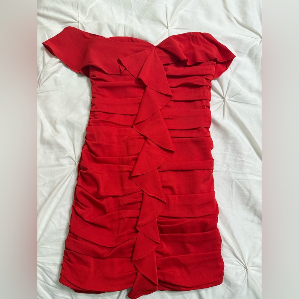 Lovers + Friends Red Ruched Off the Shoulder Bodycon Dress